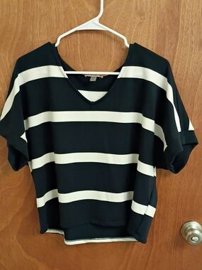 Cable & Gauge Navy and White Striped V-Neck Short Sleeve Top